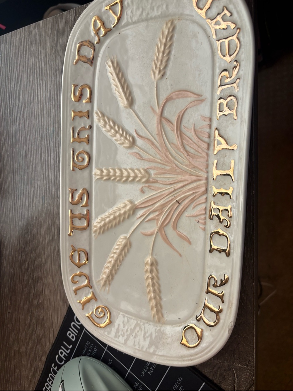 Vintage Decorative Wheat Relief Serving Platter with Gold Lettering